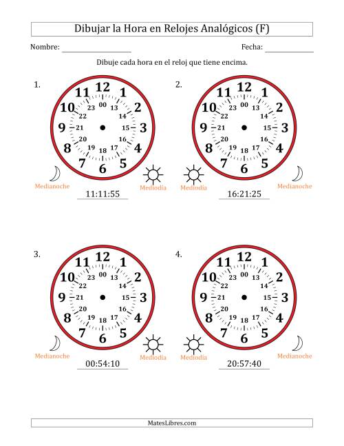 La hoja de ejercicios de Representar la Hora en Relojes Analógicos de 24 Horas en Intervalos de 5 Segundo (4 Relojes Grandes) (F)