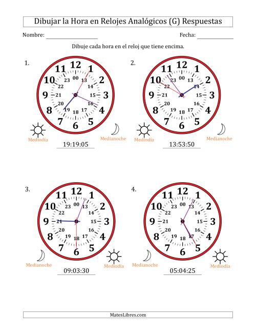 La hoja de ejercicios de Representar la Hora en Relojes Analógicos de 24 Horas en Intervalos de 5 Segundo (4 Relojes Grandes) (G) Página 2