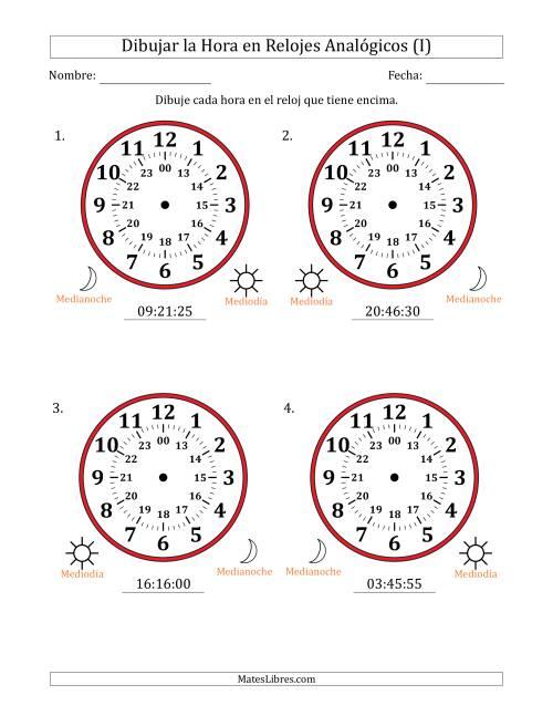 La hoja de ejercicios de Representar la Hora en Relojes Analógicos de 24 Horas en Intervalos de 5 Segundo (4 Relojes Grandes) (I)