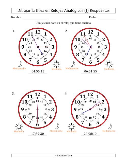 La hoja de ejercicios de Representar la Hora en Relojes Analógicos de 24 Horas en Intervalos de 5 Segundo (4 Relojes Grandes) (J) Página 2