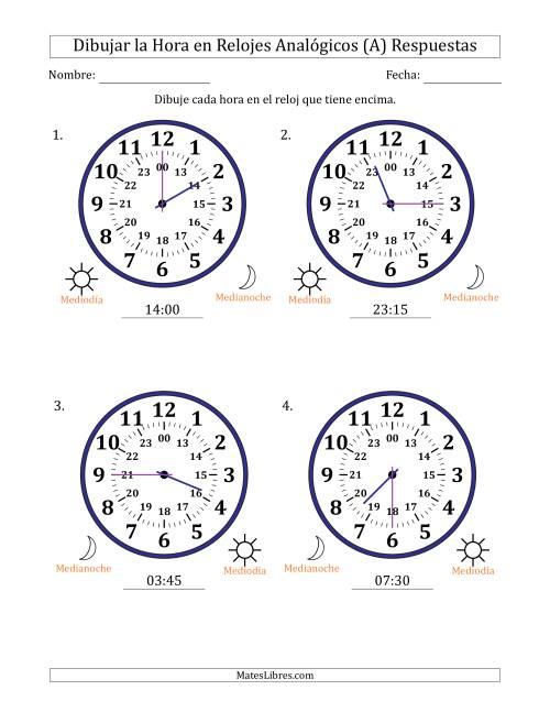 La hoja de ejercicios de Representar la Hora en Relojes Analógicos de 24 Horas en Intervalos de 15 Minuto (4 Relojes Grandes) (A) Página 2