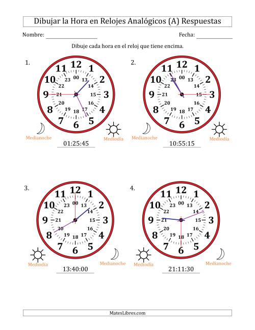 La hoja de ejercicios de Representar la Hora en Relojes Analógicos de 24 Horas en Intervalos de 15 Segundo (4 Relojes Grandes) (A) Página 2