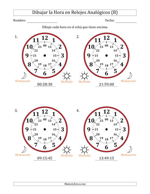 La hoja de ejercicios de Representar la Hora en Relojes Analógicos de 24 Horas en Intervalos de 15 Segundo (4 Relojes Grandes) (B)