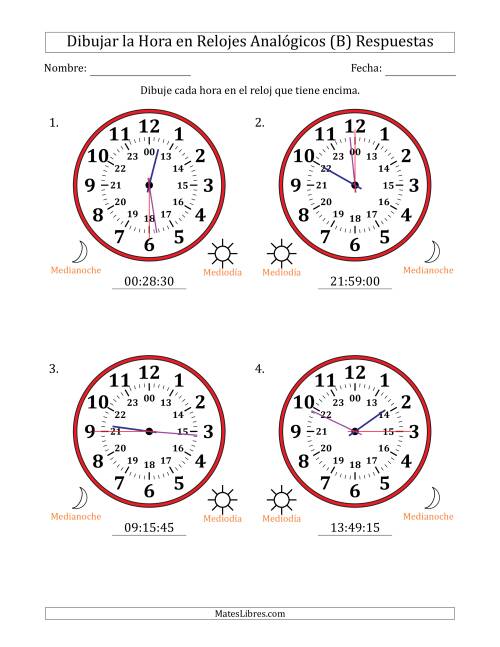 La hoja de ejercicios de Representar la Hora en Relojes Analógicos de 24 Horas en Intervalos de 15 Segundo (4 Relojes Grandes) (B) Página 2