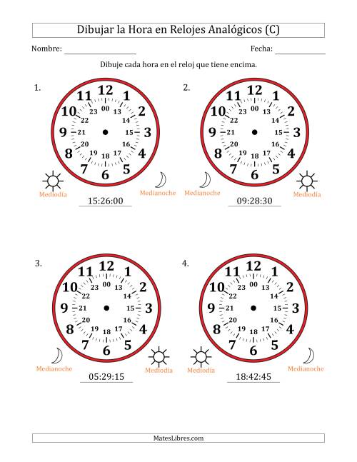 La hoja de ejercicios de Representar la Hora en Relojes Analógicos de 24 Horas en Intervalos de 15 Segundo (4 Relojes Grandes) (C)