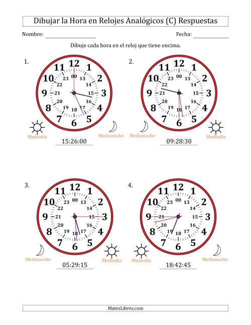 La hoja de ejercicios de Representar la Hora en Relojes Analógicos de 24 Horas en Intervalos de 15 Segundo (4 Relojes Grandes) (C) Página 2