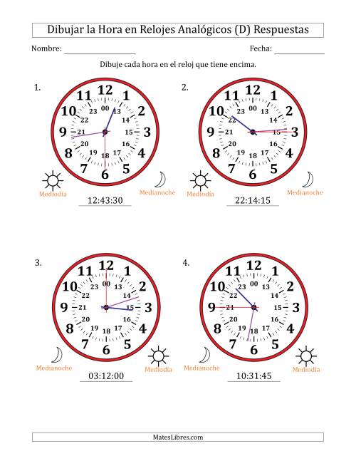 La hoja de ejercicios de Representar la Hora en Relojes Analógicos de 24 Horas en Intervalos de 15 Segundo (4 Relojes Grandes) (D) Página 2