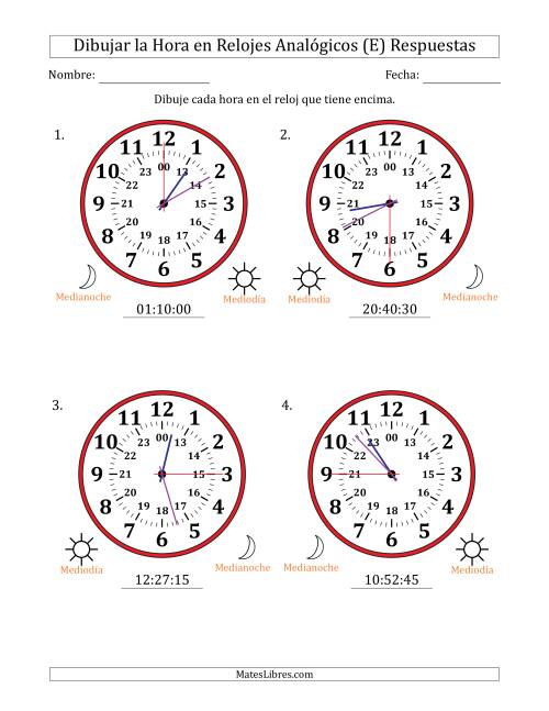 La hoja de ejercicios de Representar la Hora en Relojes Analógicos de 24 Horas en Intervalos de 15 Segundo (4 Relojes Grandes) (E) Página 2
