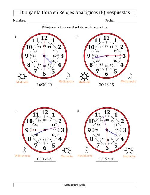 La hoja de ejercicios de Representar la Hora en Relojes Analógicos de 24 Horas en Intervalos de 15 Segundo (4 Relojes Grandes) (F) Página 2