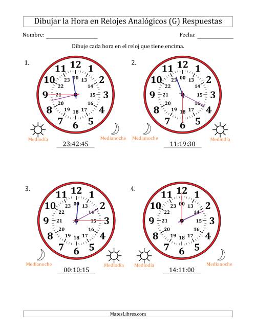 La hoja de ejercicios de Representar la Hora en Relojes Analógicos de 24 Horas en Intervalos de 15 Segundo (4 Relojes Grandes) (G) Página 2