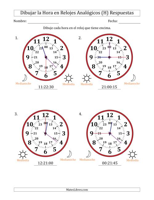 La hoja de ejercicios de Representar la Hora en Relojes Analógicos de 24 Horas en Intervalos de 15 Segundo (4 Relojes Grandes) (H) Página 2