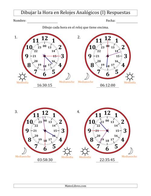 La hoja de ejercicios de Representar la Hora en Relojes Analógicos de 24 Horas en Intervalos de 15 Segundo (4 Relojes Grandes) (I) Página 2