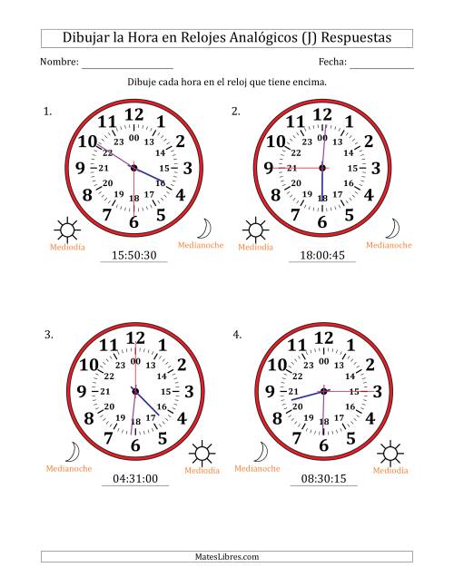 La hoja de ejercicios de Representar la Hora en Relojes Analógicos de 24 Horas en Intervalos de 15 Segundo (4 Relojes Grandes) (J) Página 2