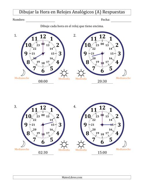La hoja de ejercicios de Representar la Hora en Relojes Analógicos de 24 Horas en Intervalos de 30 Minuto (4 Relojes Grandes) (A) Página 2