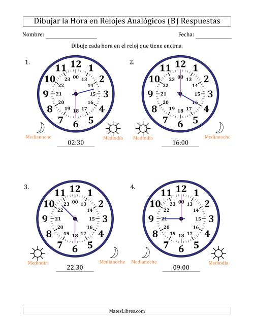 La hoja de ejercicios de Representar la Hora en Relojes Analógicos de 24 Horas en Intervalos de 30 Minuto (4 Relojes Grandes) (B) Página 2