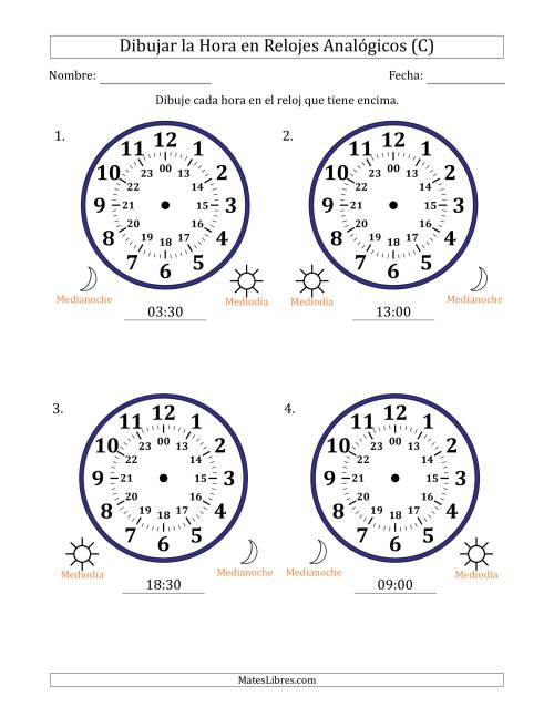 La hoja de ejercicios de Representar la Hora en Relojes Analógicos de 24 Horas en Intervalos de 30 Minuto (4 Relojes Grandes) (C)