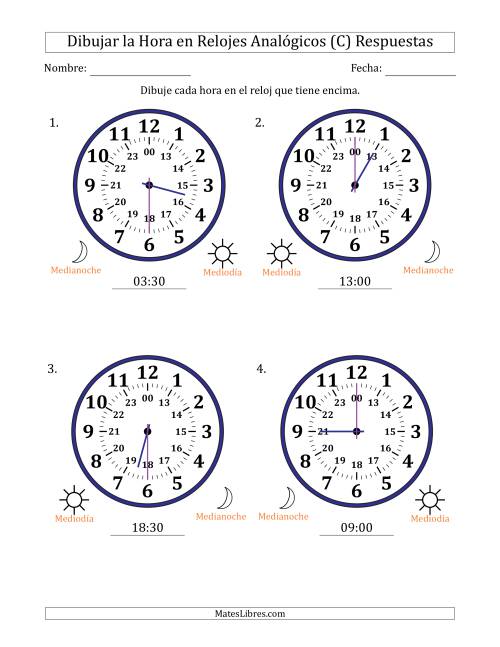 La hoja de ejercicios de Representar la Hora en Relojes Analógicos de 24 Horas en Intervalos de 30 Minuto (4 Relojes Grandes) (C) Página 2