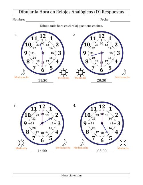 La hoja de ejercicios de Representar la Hora en Relojes Analógicos de 24 Horas en Intervalos de 30 Minuto (4 Relojes Grandes) (D) Página 2