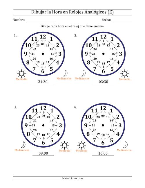 La hoja de ejercicios de Representar la Hora en Relojes Analógicos de 24 Horas en Intervalos de 30 Minuto (4 Relojes Grandes) (E)