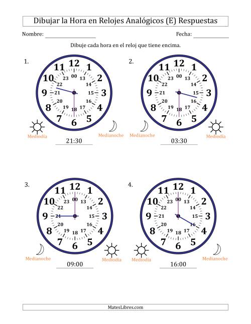 La hoja de ejercicios de Representar la Hora en Relojes Analógicos de 24 Horas en Intervalos de 30 Minuto (4 Relojes Grandes) (E) Página 2