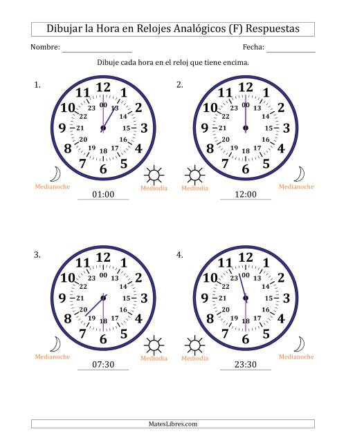 La hoja de ejercicios de Representar la Hora en Relojes Analógicos de 24 Horas en Intervalos de 30 Minuto (4 Relojes Grandes) (F) Página 2