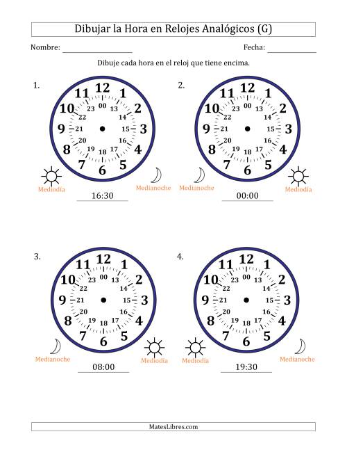 La hoja de ejercicios de Representar la Hora en Relojes Analógicos de 24 Horas en Intervalos de 30 Minuto (4 Relojes Grandes) (G)
