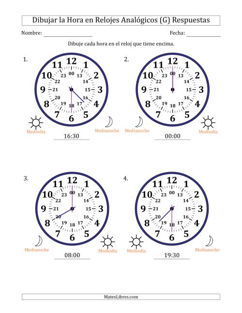 La hoja de ejercicios de Representar la Hora en Relojes Analógicos de 24 Horas en Intervalos de 30 Minuto (4 Relojes Grandes) (G) Página 2