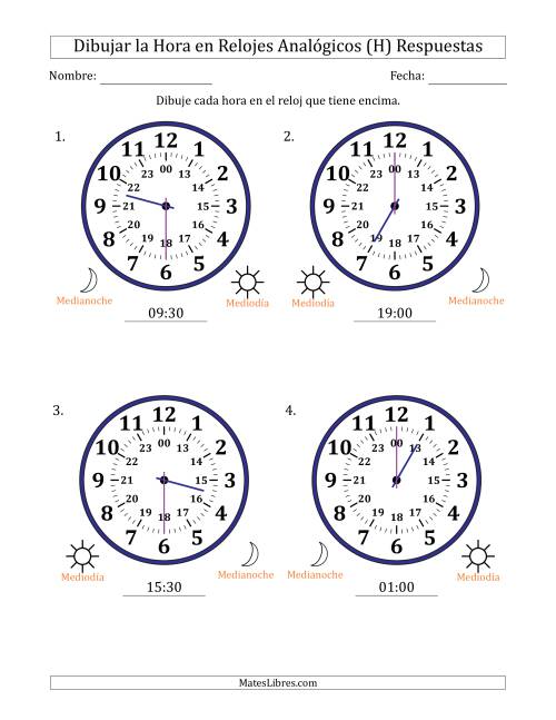 La hoja de ejercicios de Representar la Hora en Relojes Analógicos de 24 Horas en Intervalos de 30 Minuto (4 Relojes Grandes) (H) Página 2