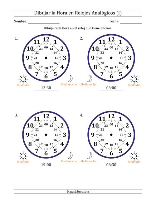 La hoja de ejercicios de Representar la Hora en Relojes Analógicos de 24 Horas en Intervalos de 30 Minuto (4 Relojes Grandes) (I)