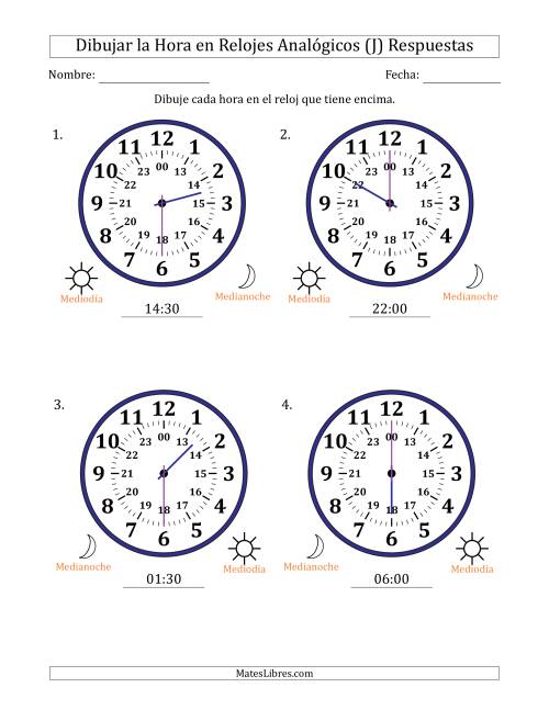 La hoja de ejercicios de Representar la Hora en Relojes Analógicos de 24 Horas en Intervalos de 30 Minuto (4 Relojes Grandes) (J) Página 2