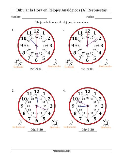 La hoja de ejercicios de Representar la Hora en Relojes Analógicos de 24 Horas en Intervalos de 30 Segundo (4 Relojes Grandes) (A) Página 2
