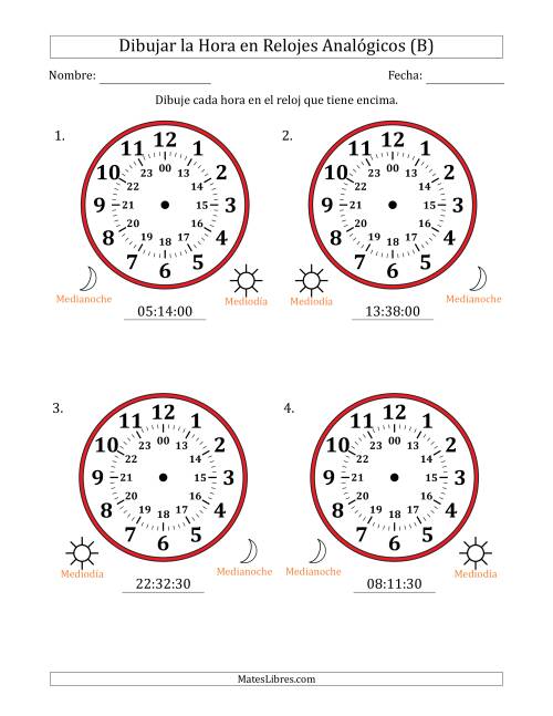 La hoja de ejercicios de Representar la Hora en Relojes Analógicos de 24 Horas en Intervalos de 30 Segundo (4 Relojes Grandes) (B)