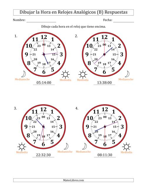 La hoja de ejercicios de Representar la Hora en Relojes Analógicos de 24 Horas en Intervalos de 30 Segundo (4 Relojes Grandes) (B) Página 2