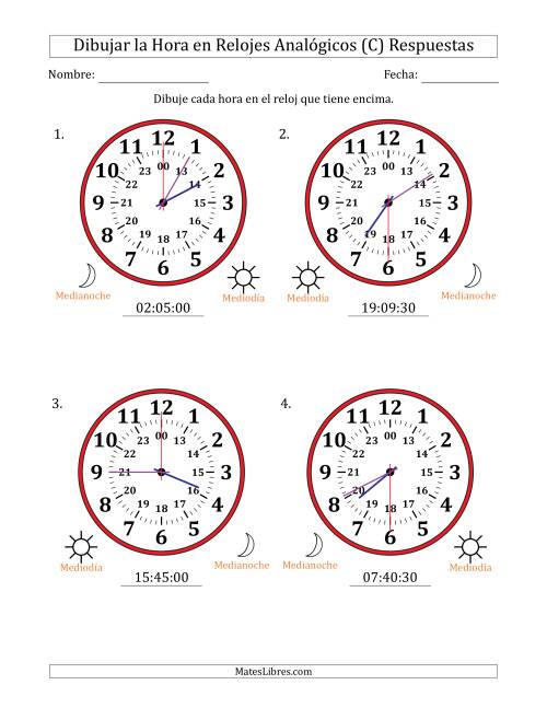 La hoja de ejercicios de Representar la Hora en Relojes Analógicos de 24 Horas en Intervalos de 30 Segundo (4 Relojes Grandes) (C) Página 2