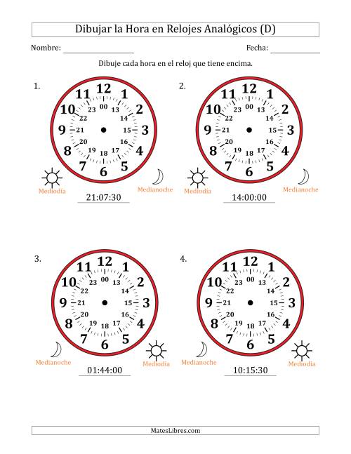 La hoja de ejercicios de Representar la Hora en Relojes Analógicos de 24 Horas en Intervalos de 30 Segundo (4 Relojes Grandes) (D)