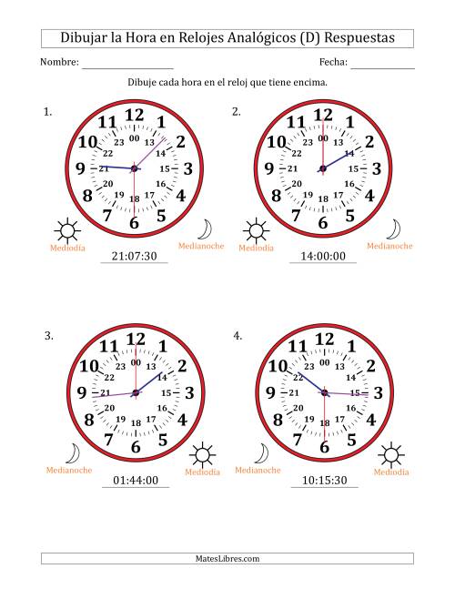La hoja de ejercicios de Representar la Hora en Relojes Analógicos de 24 Horas en Intervalos de 30 Segundo (4 Relojes Grandes) (D) Página 2