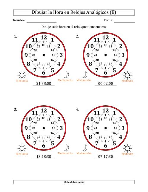 La hoja de ejercicios de Representar la Hora en Relojes Analógicos de 24 Horas en Intervalos de 30 Segundo (4 Relojes Grandes) (E)