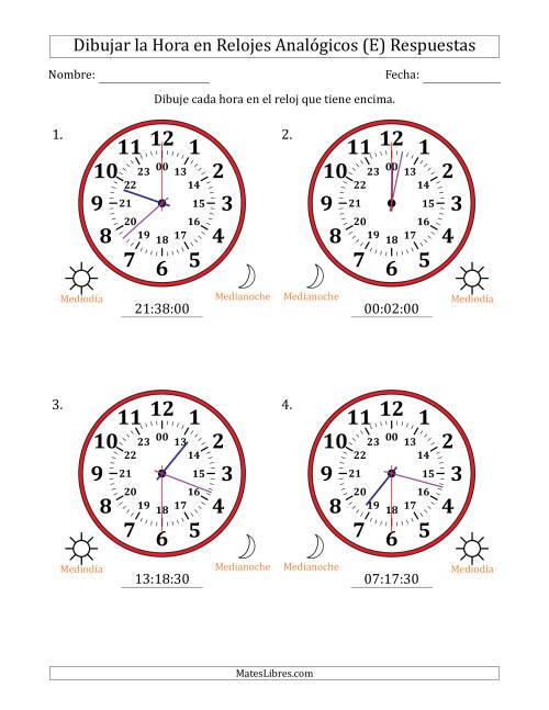 La hoja de ejercicios de Representar la Hora en Relojes Analógicos de 24 Horas en Intervalos de 30 Segundo (4 Relojes Grandes) (E) Página 2