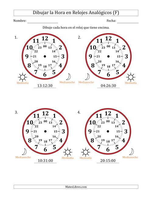 La hoja de ejercicios de Representar la Hora en Relojes Analógicos de 24 Horas en Intervalos de 30 Segundo (4 Relojes Grandes) (F)