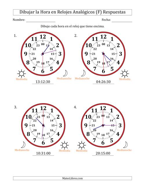 La hoja de ejercicios de Representar la Hora en Relojes Analógicos de 24 Horas en Intervalos de 30 Segundo (4 Relojes Grandes) (F) Página 2