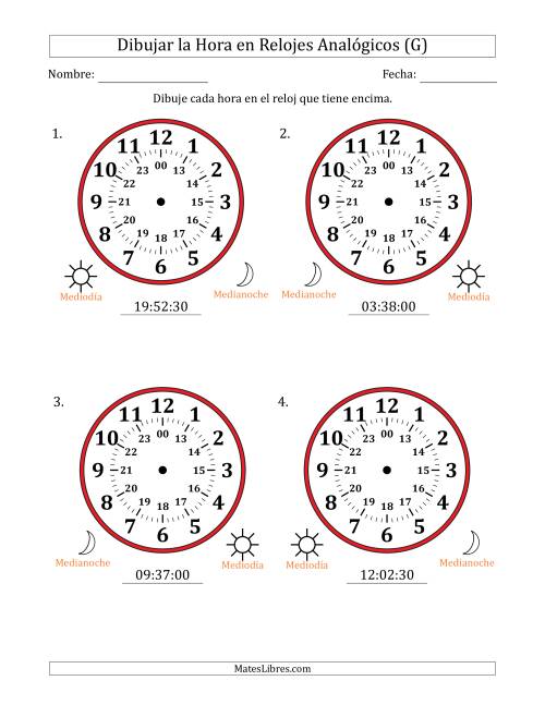 La hoja de ejercicios de Representar la Hora en Relojes Analógicos de 24 Horas en Intervalos de 30 Segundo (4 Relojes Grandes) (G)