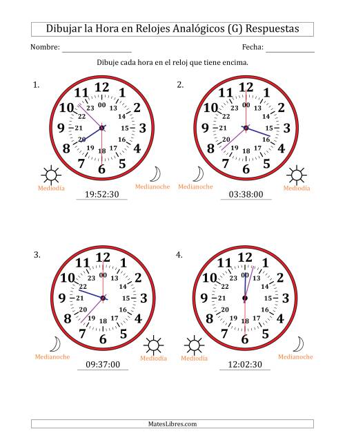 La hoja de ejercicios de Representar la Hora en Relojes Analógicos de 24 Horas en Intervalos de 30 Segundo (4 Relojes Grandes) (G) Página 2