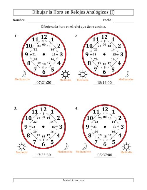 La hoja de ejercicios de Representar la Hora en Relojes Analógicos de 24 Horas en Intervalos de 30 Segundo (4 Relojes Grandes) (I)
