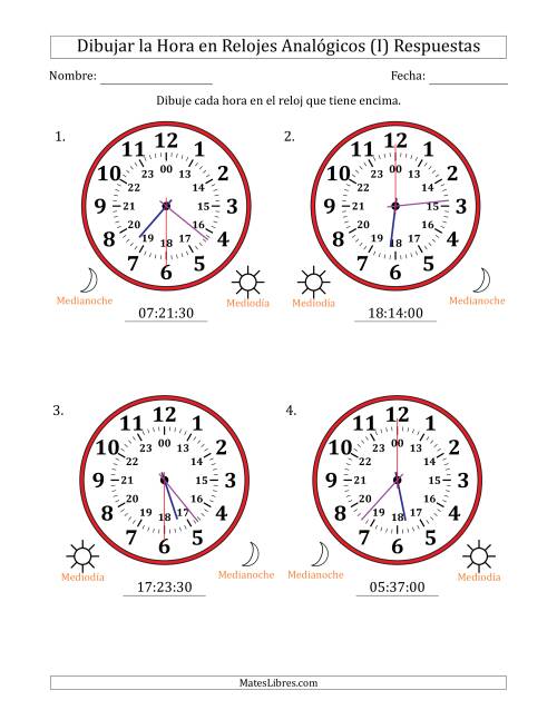 La hoja de ejercicios de Representar la Hora en Relojes Analógicos de 24 Horas en Intervalos de 30 Segundo (4 Relojes Grandes) (I) Página 2