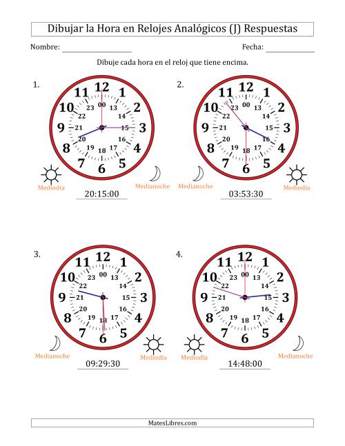 La hoja de ejercicios de Representar la Hora en Relojes Analógicos de 24 Horas en Intervalos de 30 Segundo (4 Relojes Grandes) (J) Página 2