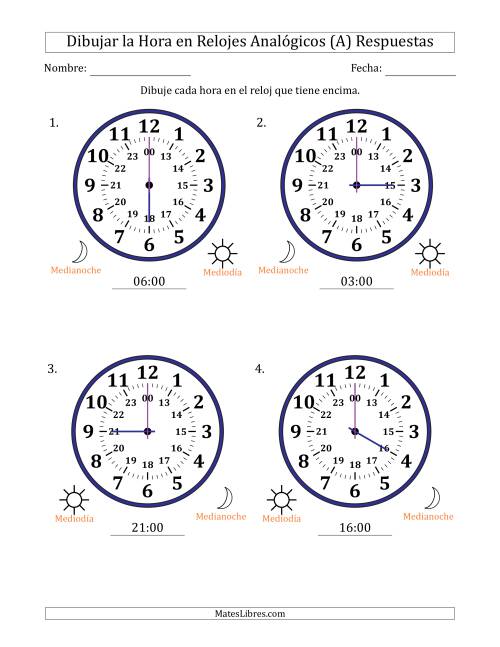 La hoja de ejercicios de Representar la Hora en Relojes Analógicos de 24 Horas en Intervalos de 1 Hora (4 Relojes Grandes) (A) Página 2