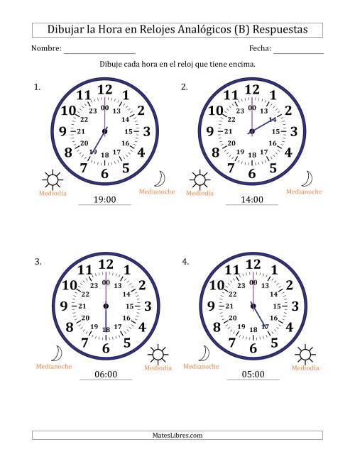 La hoja de ejercicios de Representar la Hora en Relojes Analógicos de 24 Horas en Intervalos de 1 Hora (4 Relojes Grandes) (B) Página 2