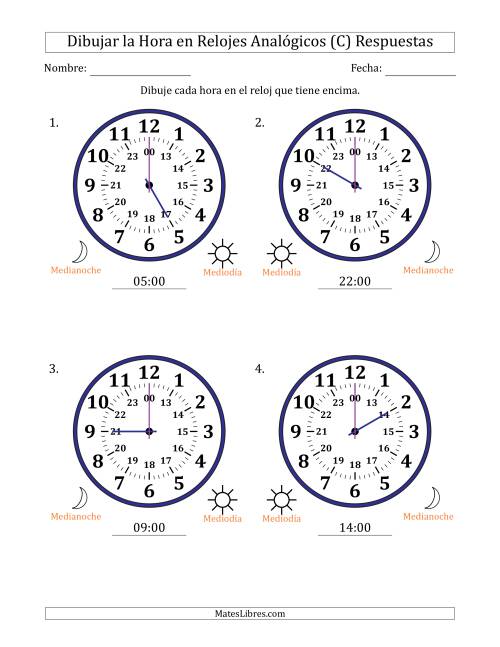 La hoja de ejercicios de Representar la Hora en Relojes Analógicos de 24 Horas en Intervalos de 1 Hora (4 Relojes Grandes) (C) Página 2