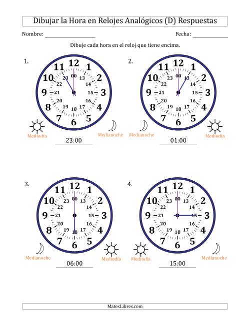 La hoja de ejercicios de Representar la Hora en Relojes Analógicos de 24 Horas en Intervalos de 1 Hora (4 Relojes Grandes) (D) Página 2