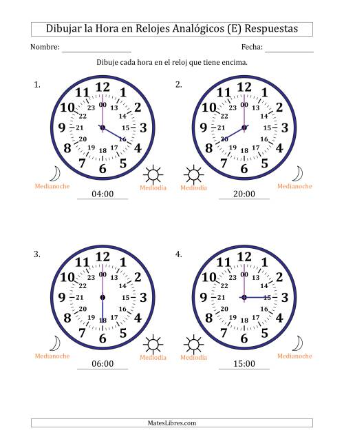La hoja de ejercicios de Representar la Hora en Relojes Analógicos de 24 Horas en Intervalos de 1 Hora (4 Relojes Grandes) (E) Página 2